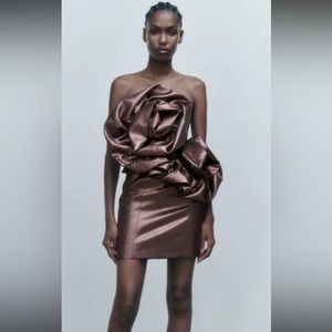 ZARA brown voluminous flower dress NWT